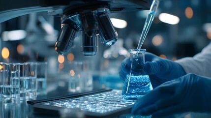 Scientist working in a laboratory with a microscope and test tubes.