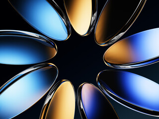 Naklejka na ściany i meble Neon glass round frame, geometric vibrant flower of transparent circle discs on black 3d background. Abstract crystal floral pattern with gold blue gradient and circular motion effect. 3D illustration Naklejka na ściany i meble Neon glass round frame, geometric vibrant flower of transparent circle discs on black 3d background. Abstract crystal floral pattern with gold blue gradient and circular motion effect. 3D illustration