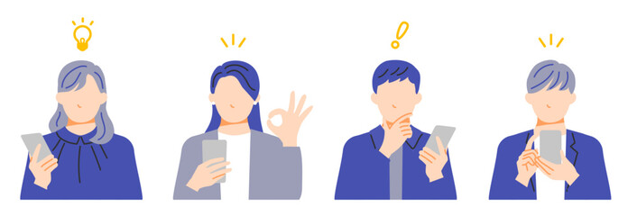 スマホを持って解決するビジネスパーソンの表情イラストセット。フラットデザイン。