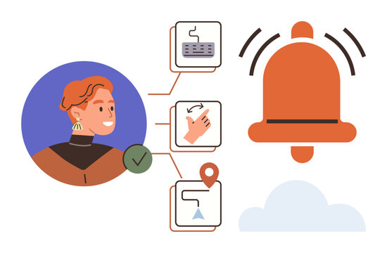 Person managing options thumbs up keyboard input, gestures, and location-based settings linked to a bell icon for notifications. Ideal for personalization, notifications, UX design, technology