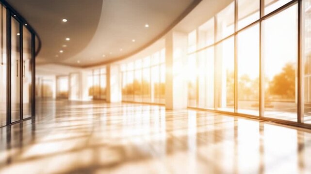 Bright empty modern hallway with curved ceiling, glass walls, and sunlit reflections on the glossy floor.