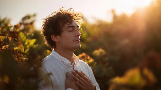 A man in a white shirt stands in a sunlit field with his eyes closed and hands pressed to his chest, enjoying the warm golden hour light.
