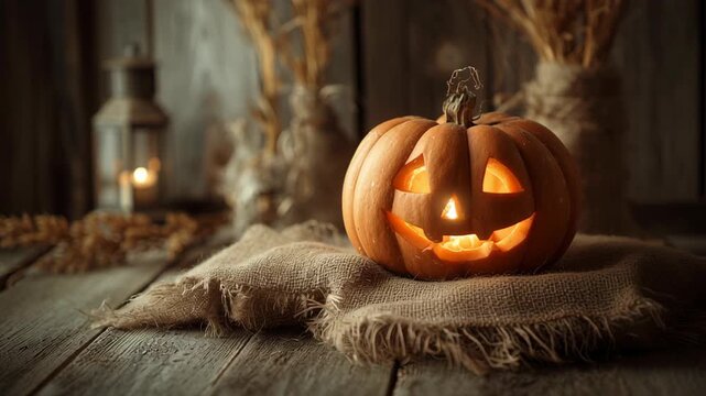 Jack o lantern flatlay, close-up flatlay of jack-o&rsquo;-lantern with soft glowing light, rustic tabletop, natural materials, balanced aesthetic