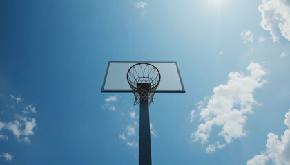 Outdoor basketball hoop reaching for the sky, a symbol of dreams, aspiration, and pushing boundaries in a bright, optimistic setting, perfect for motivation