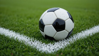 Classic soccer ball resting on lush green field ready for kickoff, a symbol of teamwork and spirited competition on a beautiful day for the beautiful game