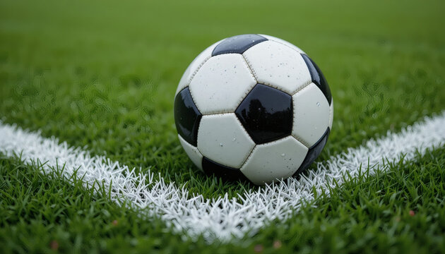 Classic soccer ball resting on lush green field ready for kickoff, a symbol of teamwork and spirited competition on a beautiful day for the beautiful game