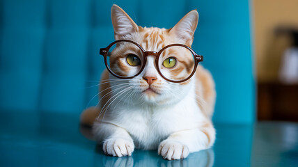Cute cat wearing glasses sitting on blue surface looking curious
