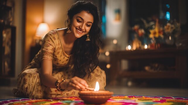 south asian mother lighting diya lamp with rangoli in modern living room.