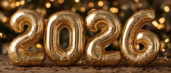 close-up of 2026 gold balloons with festive lights and shallow depth of field