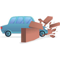 Light Blue Car Colliding With A Red Brick Wall Causing Debris To Fly In A Cartoon Style With A Transparent Background