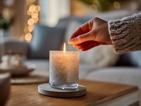 person lighting festive candle on modern living room table with warm ambient light