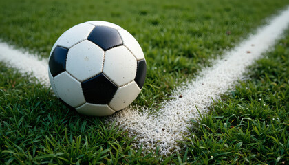 Fototapeta premium Exciting soccer ball resting on fresh green grass field near goal line, invoking sportsmanship and healthy competition, perfect for athletic branding