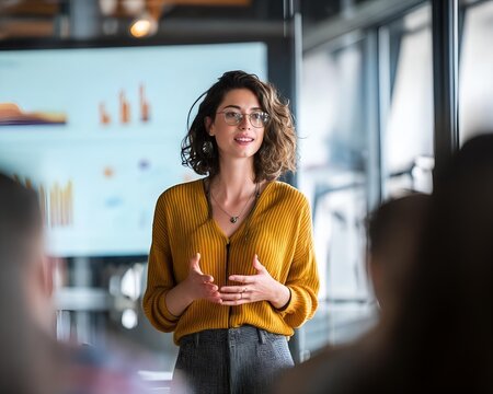 professional woman presenting in tech startup office with digital data charts on screen