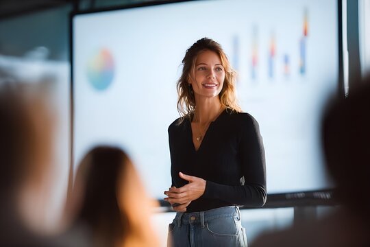 professional woman presenting in tech startup office with digital data charts on screen