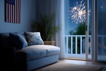 Cozy Living Room with Fireworks View