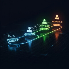 Fototapeta premium Futuristic Neon Business Funnel Flowchart with Sales Support and Marketing User Icons