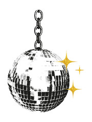 Fototapeta premium Disco ball hanging on chain halftone stipple collage element. Distressed grunge party sticker with gritty texture and gold glitter stars Retro photocopy vector illustration on transparent background