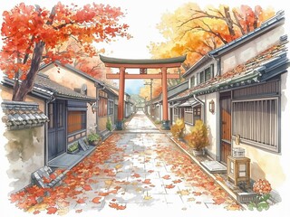 秋の街並みに溶け込む鳥居の風景イラスト