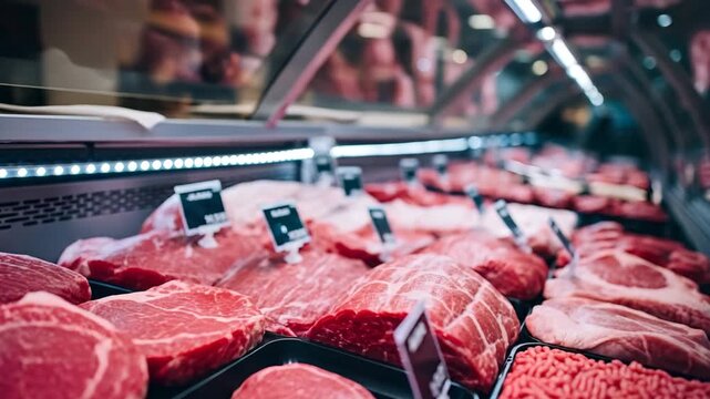 Close up of freshly cut red meat displayed in a market
