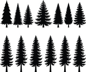 Naklejka premium Conifer tree silhouette set, black vector collection, winter forest shapes, botanical variation design, evergreen illustration, symmetrical tree row, seasonal nature graphic art