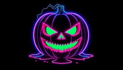 Menacing Neon Pumpkin: Pink Blue Outline, Dripping Green Glowing Face