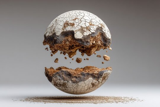 Exploding cracked earth sphere floating in midair with fragments symbolizing environmental destruction and rebirth