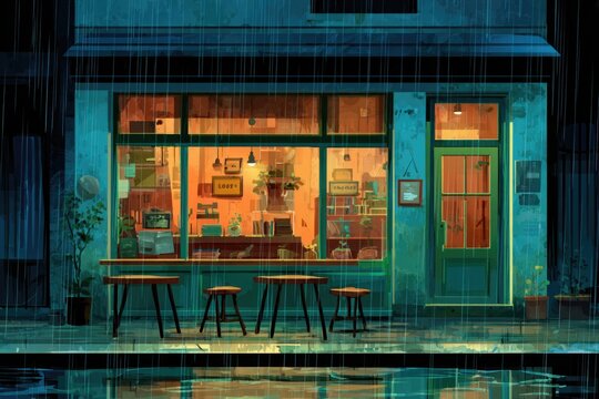 cozy caf&eacute; glowing warmly at night while rain falls outside, cute cartoon style with reflections on window