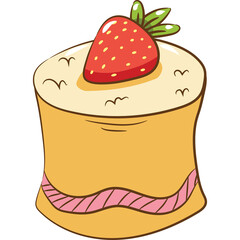 Yellow cake with cream frosting topped with a fresh red strawberry and green leaves decorated with pink icing detail on a transparent background