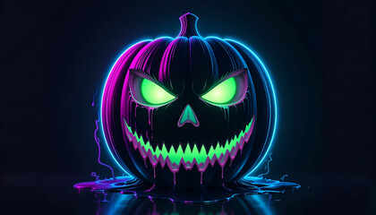 Menacing Neon Pumpkin: Pink Blue Outline, Dripping Green Glowing Face