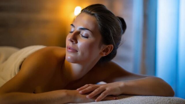 A woman lying face down on a massage table, eyes closed, in a softly lit spa with warm candlelight.