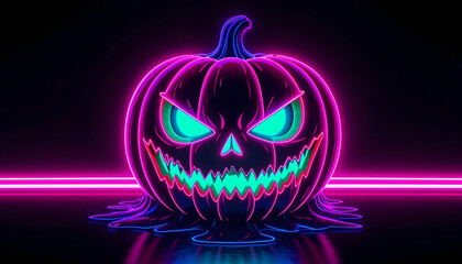 Menacing Neon Pumpkin: Pink Blue Outline, Dripping Green Glowing Face