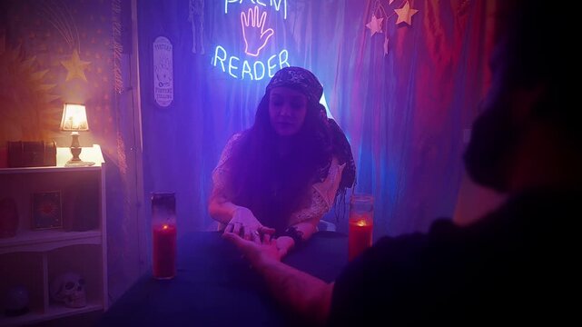 The interior of a psychic palm reader, fortune teller room, with a gypsy woman conducting a seance reading a man's palm. With neon lights, candles and various spiritual materials. Slider shot.