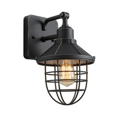 Industrial style black metal wall sconce with exposed bulb isolated on transparent background