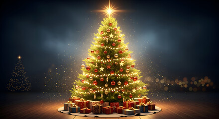 Traditional Christmas Tree Fully Decorated with Warm Lights Red Ornaments and a Bright Star Topper, Surrounded by Wrapped Holiday Gifts on a Wooden Floor with Sparkling Dust and Bokeh