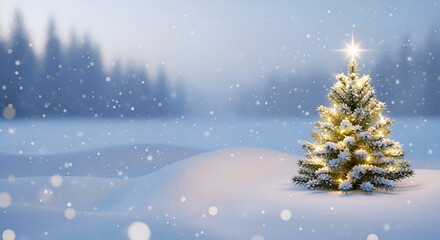 Small Decorated Christmas Tree Lit with Warm Golden Lights and a Bright Star Topper, Standing Alone on a Snowy Field with Falling Flakes and a Blurry Winter Forest Background