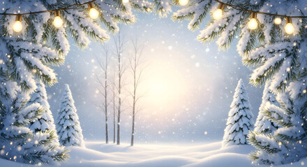Enchanting Winter Landscape with a Sunny Glow and Falling Snowflakes, Framed by Snow-Covered Fir Branches and Festive String Lights, Featuring Evergreen Trees in a Cold and Icy Scene