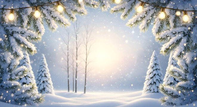 Enchanting Winter Landscape with a Sunny Glow and Falling Snowflakes, Framed by Snow-Covered Fir Branches and Festive String Lights, Featuring Evergreen Trees in a Cold and Icy Scene