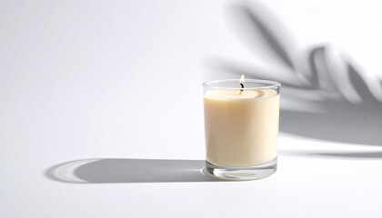 Lit candle in glass, shadow of plant against white wall