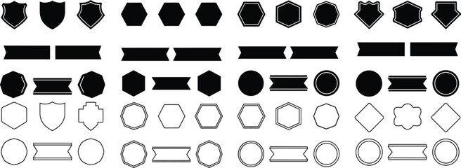 Badge and emblem shape set, black and white vector illustration, shield, ribbon, arrow icons, geometric design elements, minimal graphic, isolated symbols