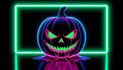 Menacing Green Glow Jack-o'-Lantern with Pink Blue Neon Outline