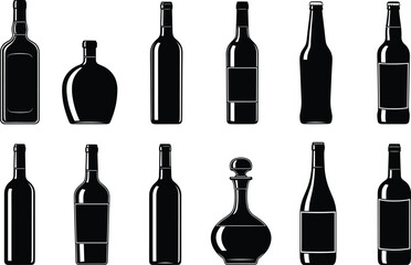 Bottle silhouette vector set, black and white container icons, editable packaging illustration for beverage, liquor, wine, design, branding concept