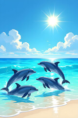 Fototapeta premium Playful dolphins leaping from the ocean waves under a bright sunny sky