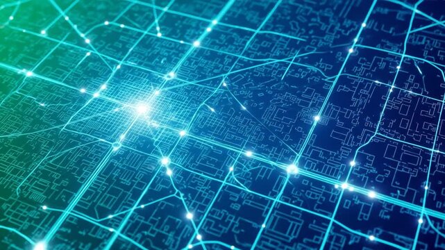 Abstract digital city map depicting data flow and network connectivity