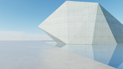 3d render of abstract modern geometry architecture with empty cement floor and water, Minimal polygon concrete building against blue sky background