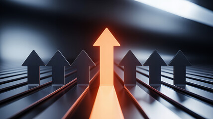 Orange arrow pointing upwards standing out from the crowd of black arrows symbolizing leadership and business success