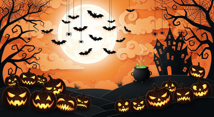 Halloween night scene with glowing full moon, hanging bats, spider webs, and carved jack-o’-lantern pumpkins surrounded by orange clouds. A spooky cauldron and haunted house silhouettes.