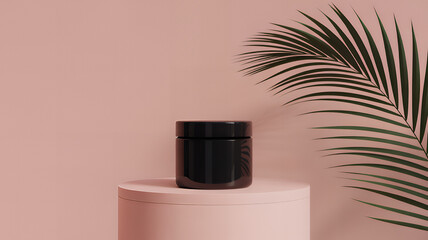 Black cosmetic jar on a pink pedestal with a palm leaf product mockup for skincare and beauty brands