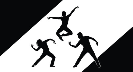 Dance silhouette vector set, black and white performance icons, editable illustration for movement, choreography, stage, artistic, expressive, dramatic design