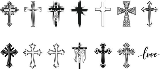 Cross icon set, religious symbol collection, black vector illustration, decorative and abstract styles, faith design, spiritual elements, love typography, isolated graphics