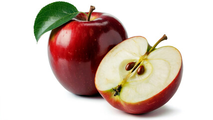 Red apple cut in half isolated on white background showing juicy texture and freshness